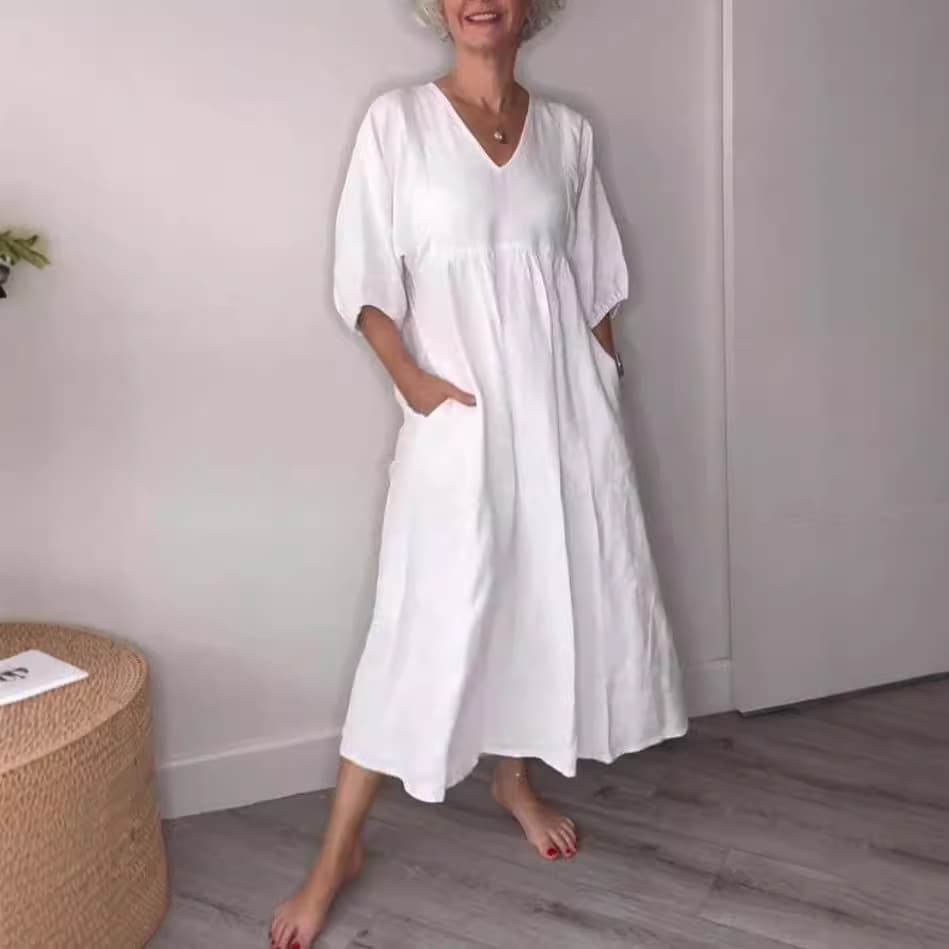 Vestido casual de algodón y lino con escote en V y bolsillos