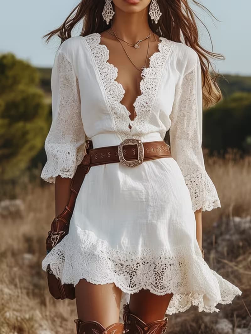 Vestido suelto para mujer con cuello en V y mangas cuerno