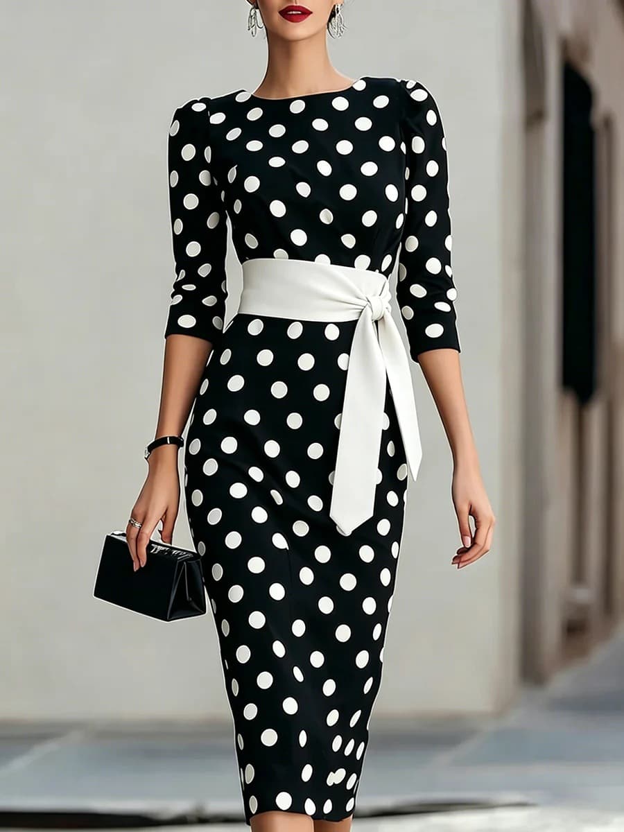 Vestido de lunares negro y blanco con cintura y manga tres cuartos