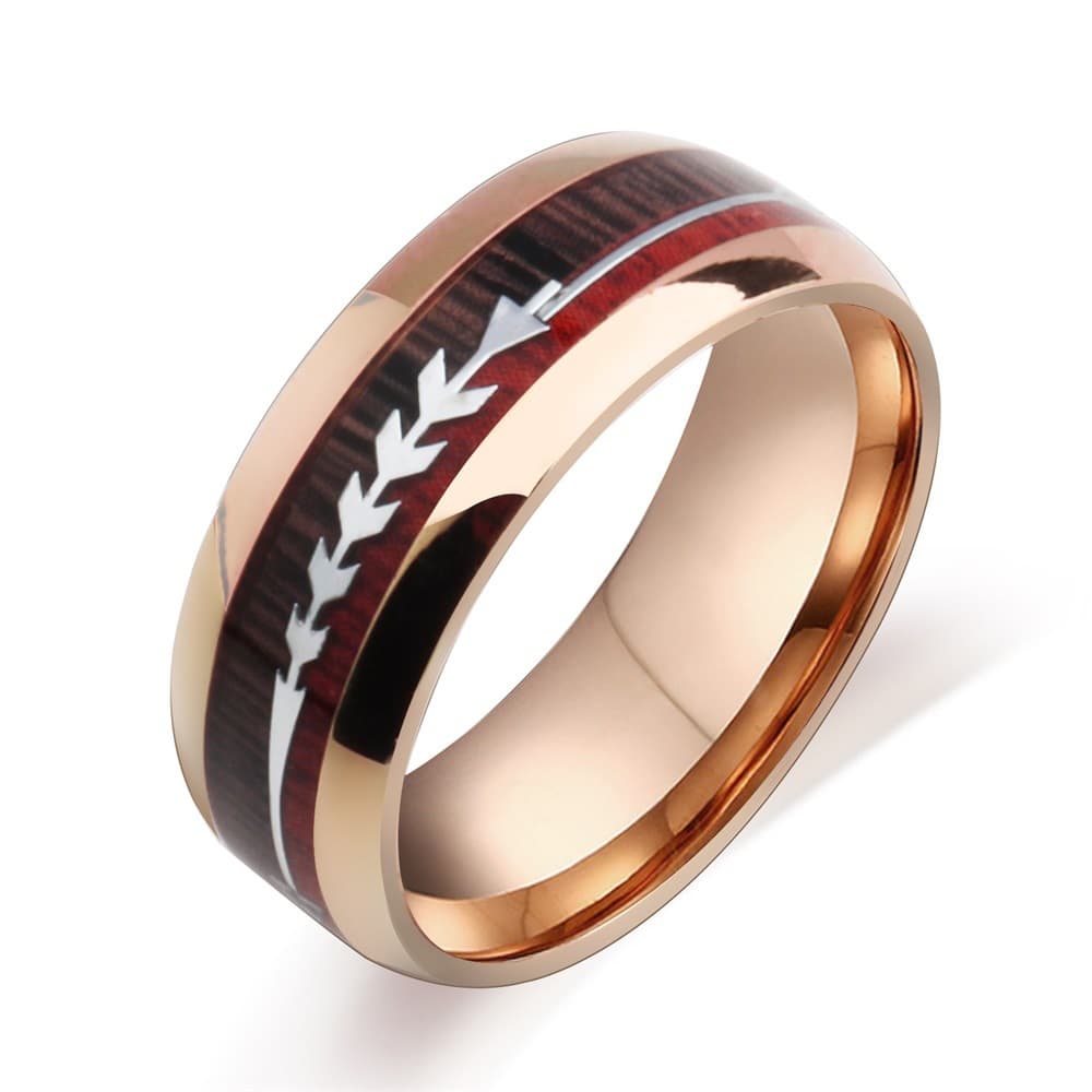Anillo de acero inoxidable con incrustación de grano de madera