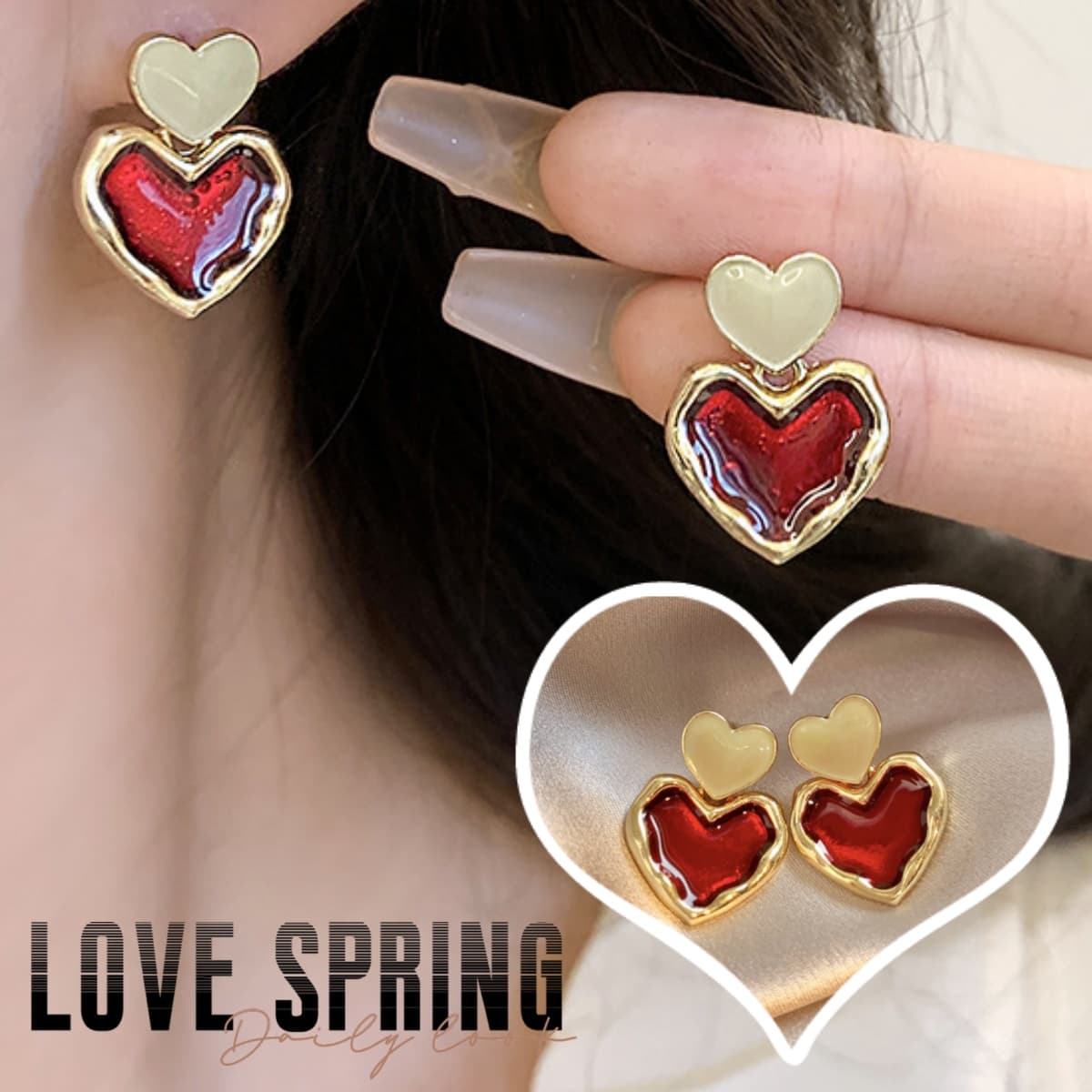 Aretes colgantes en forma de corazón rojo vino