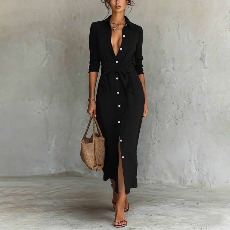 Vestido camisero de manga larga con botones tipo corbata