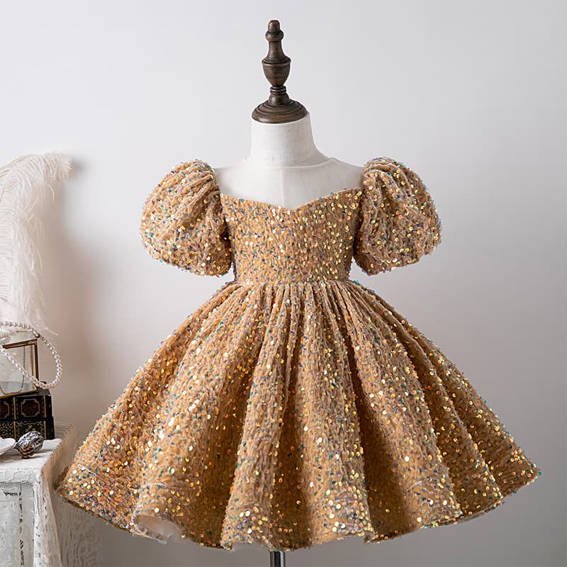 Vestido princesa con mangas de burbuja y lentejuelas para niña