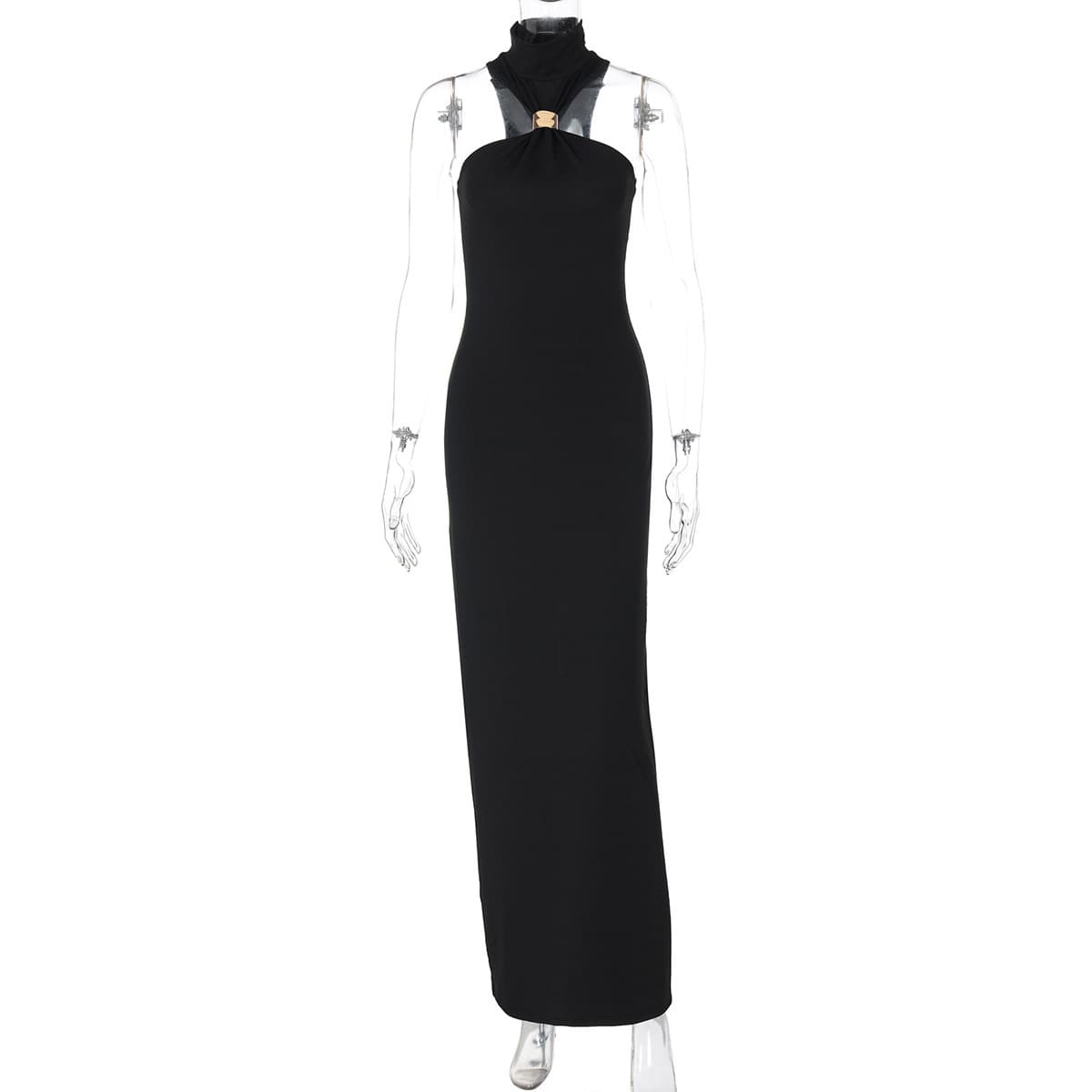 Vestido largo ajustado cuello alto sin mangas con abertura