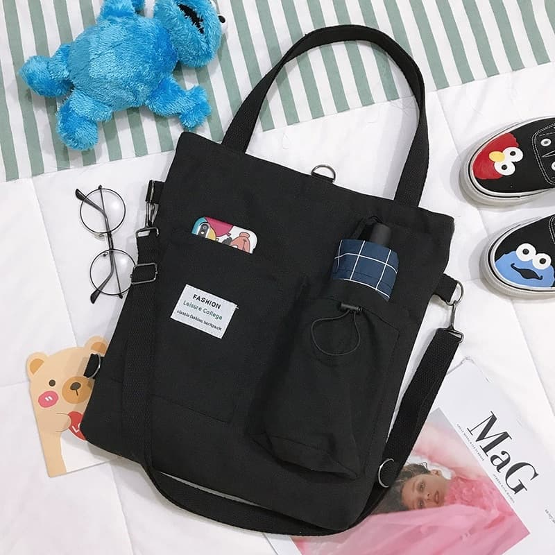 Mochila de lona estilo Harajuku con bolsillos para estudiantes