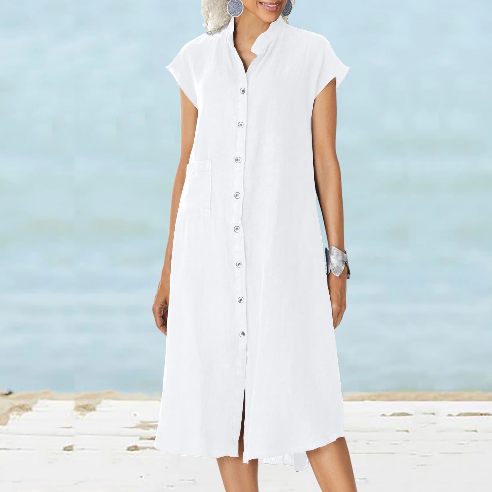 Vestido cardigan estilo casual con cuello de pie y bolsillos