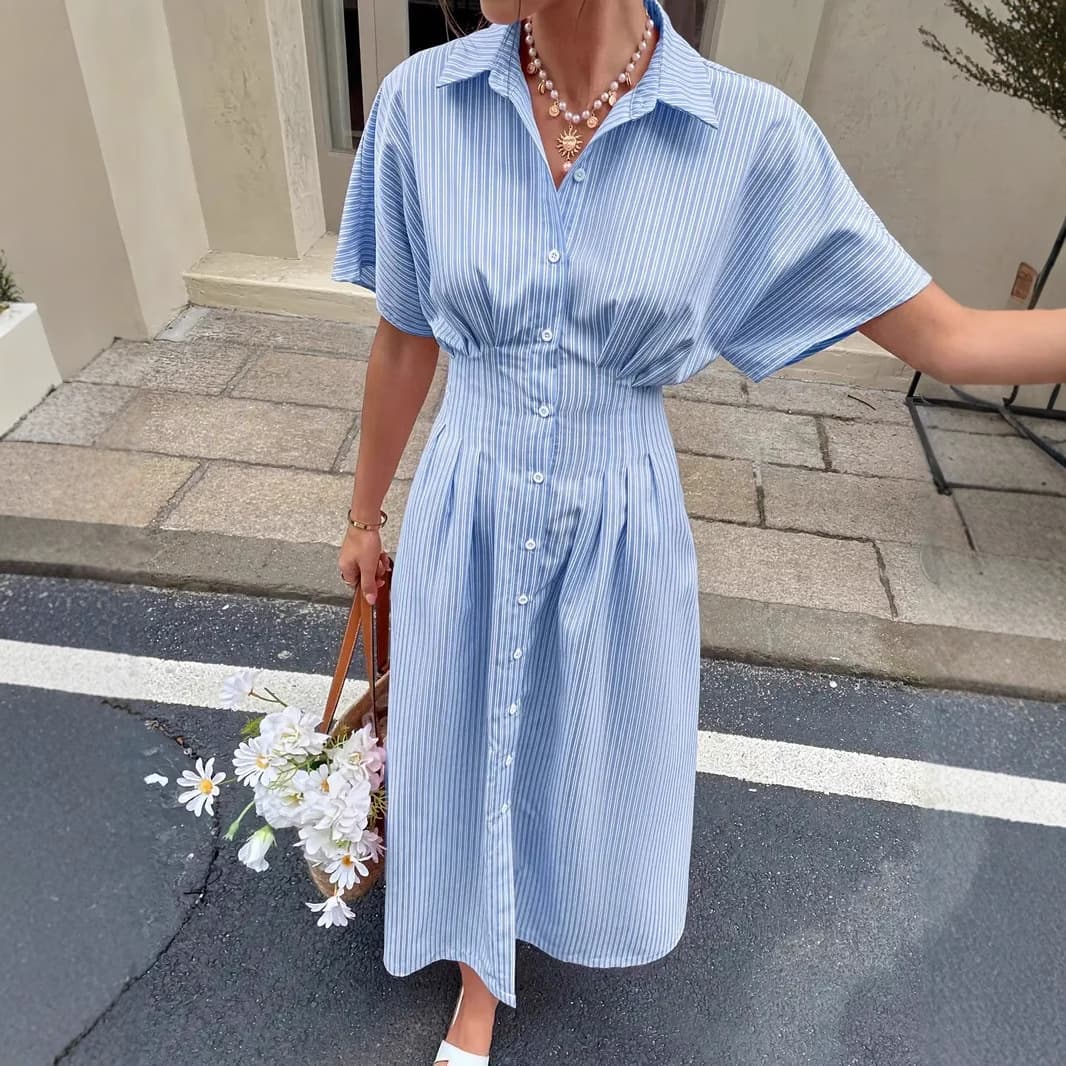 Vestido camisero de mujer con rayas, mangas cortas y falda plisada