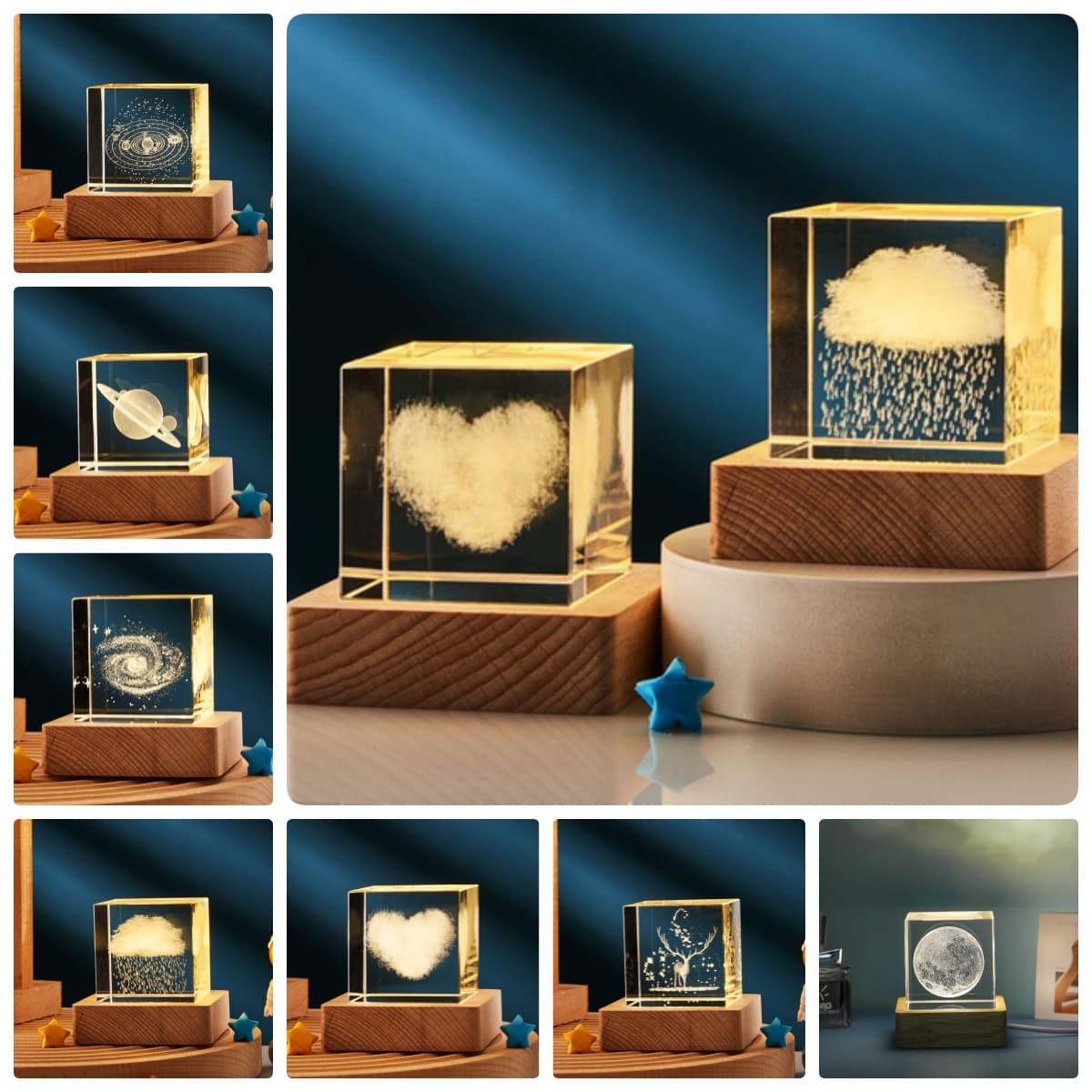 Lámpara cubo cristal 3D luz cálida decorativa