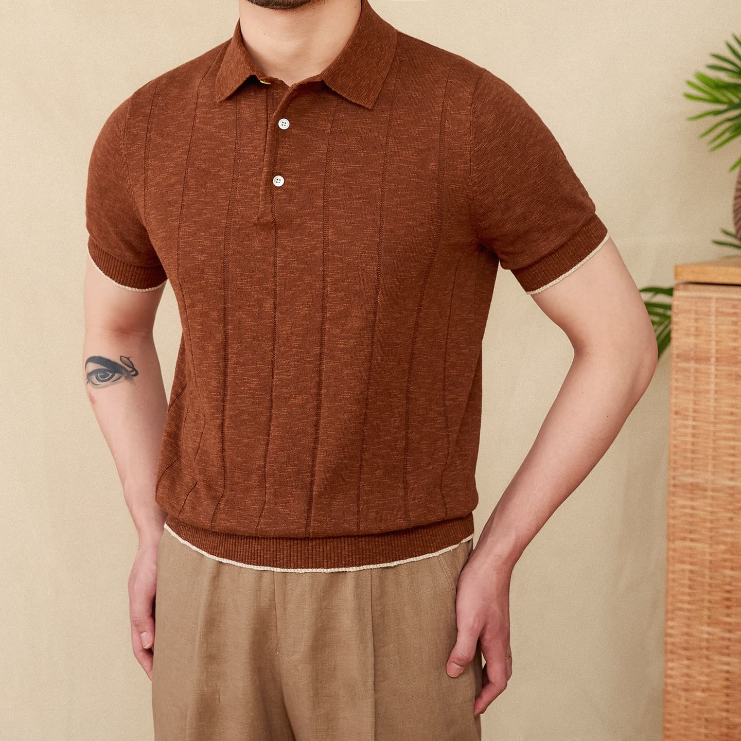 Polo de punto mezcla lino algodón, cuello solapa