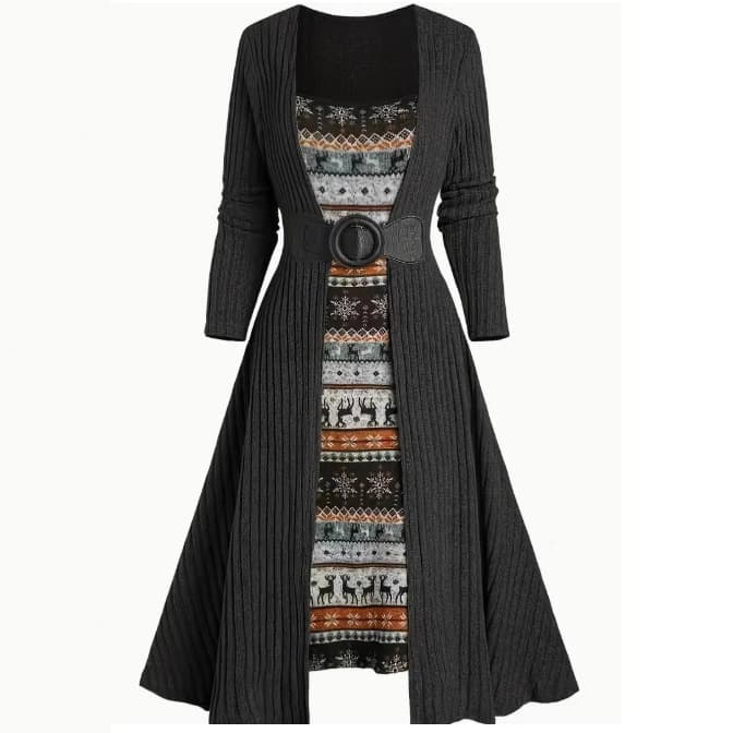 Vestido de manga larga con costura y rayas hundidas