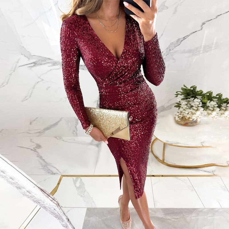 Vestido largo con escote V y lentejuelas