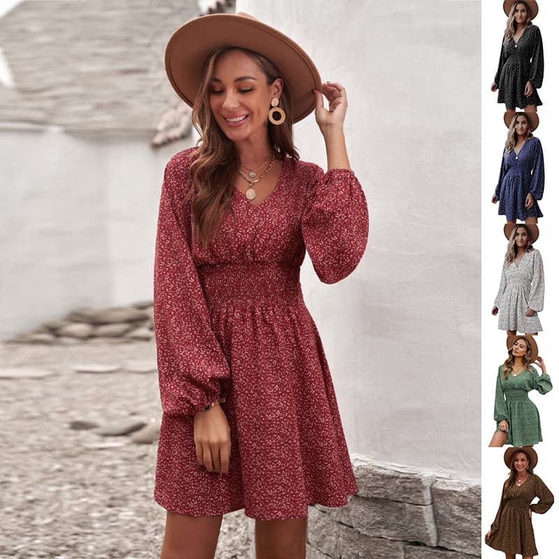 Vestido floral cuello V mangas largas