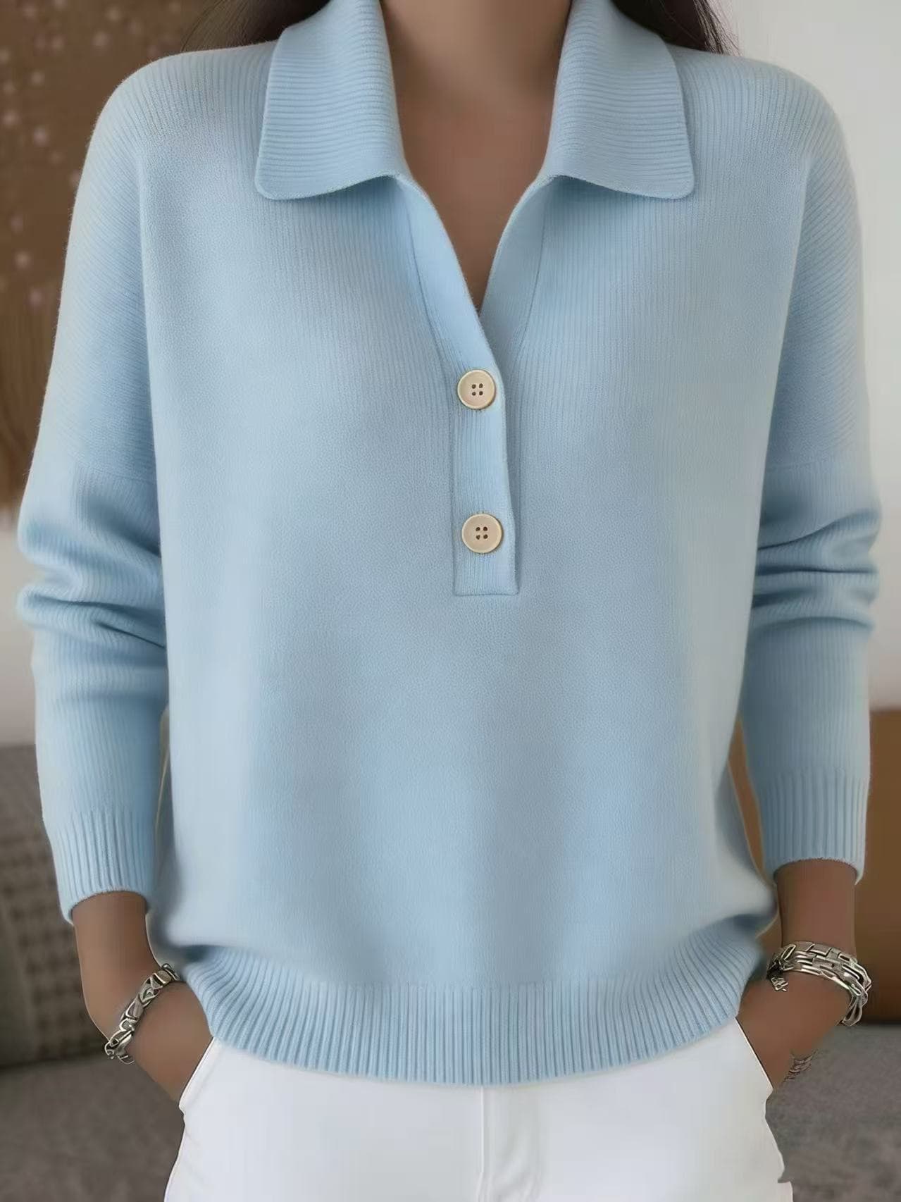 Suéter tejido con cuello de polo, botones y mangas largas