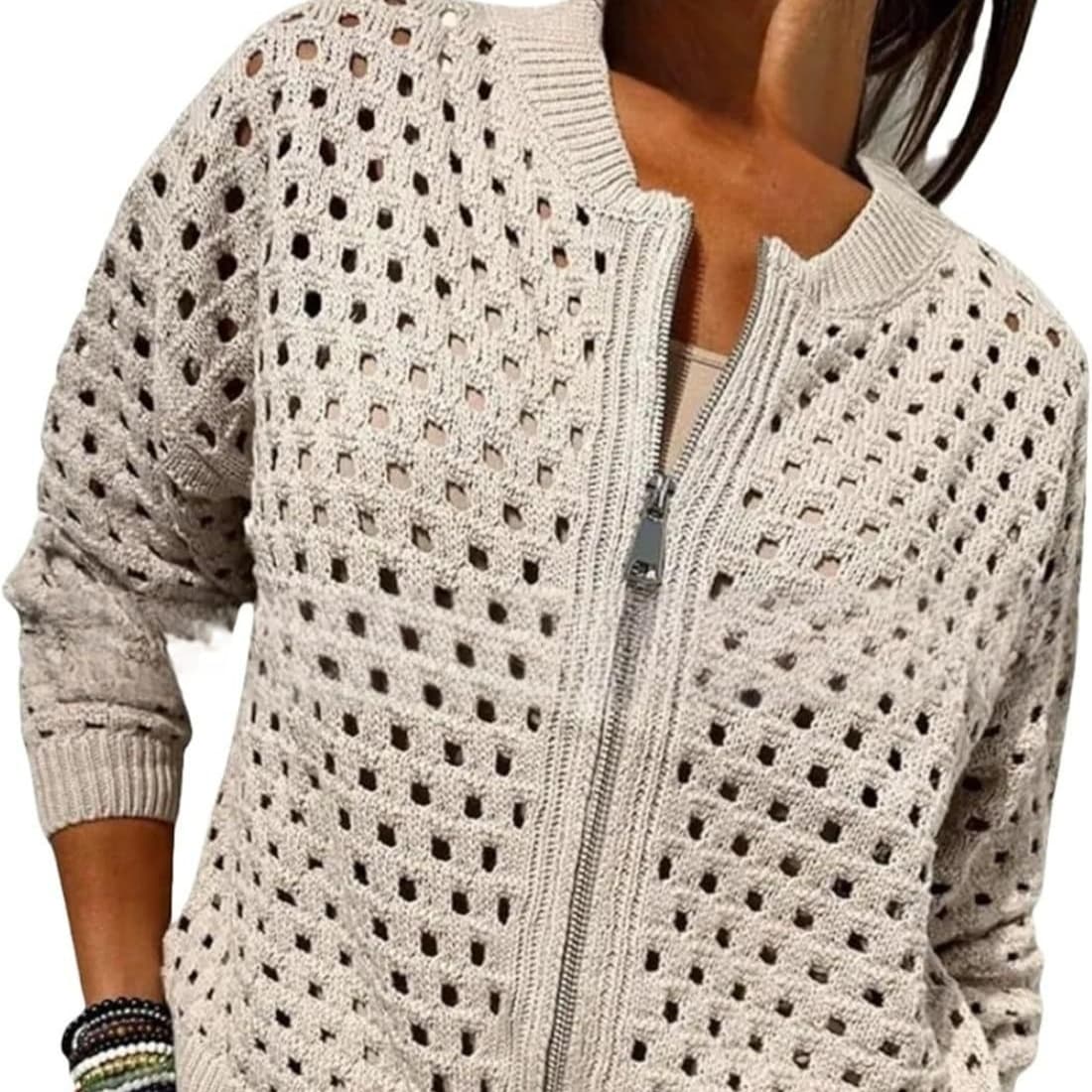 Cardigan hueco de cuello redondo con cremallera
