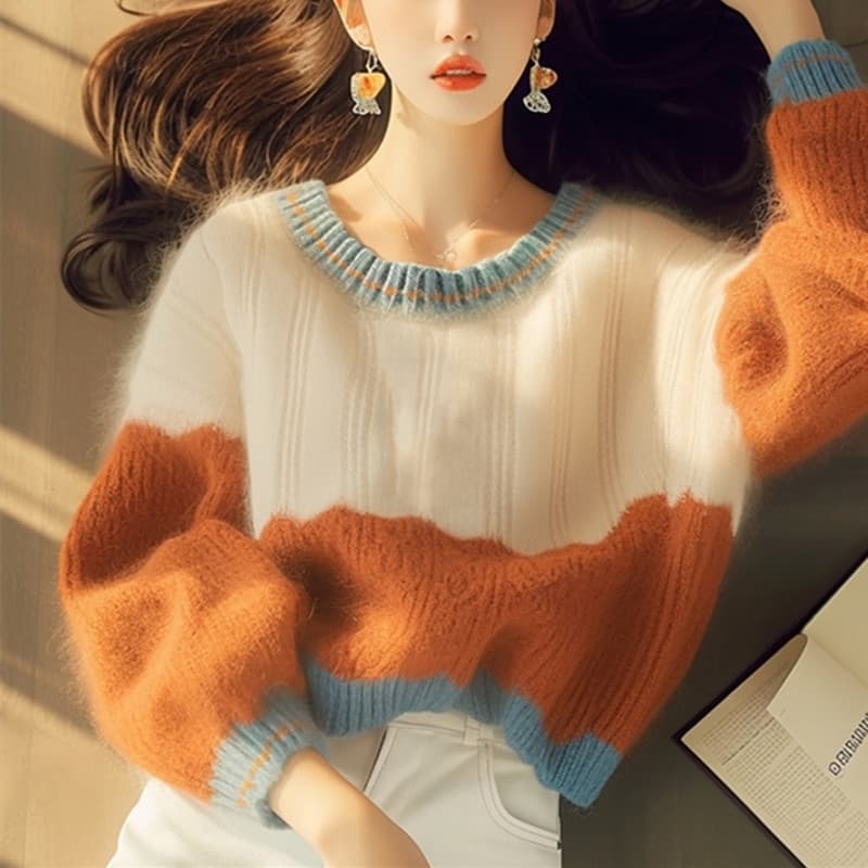 Suéter cuello redondo stitching naranja suave invierno