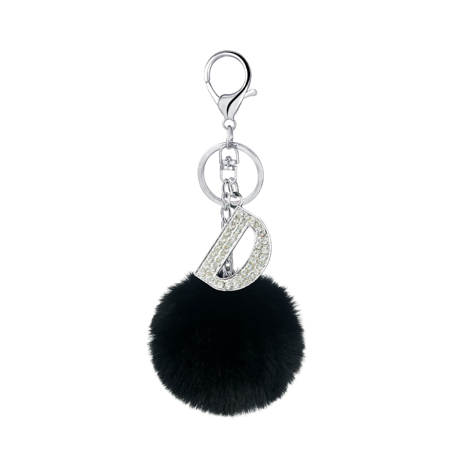 Llavero bola de pelo de conejo con diamantes y letras
