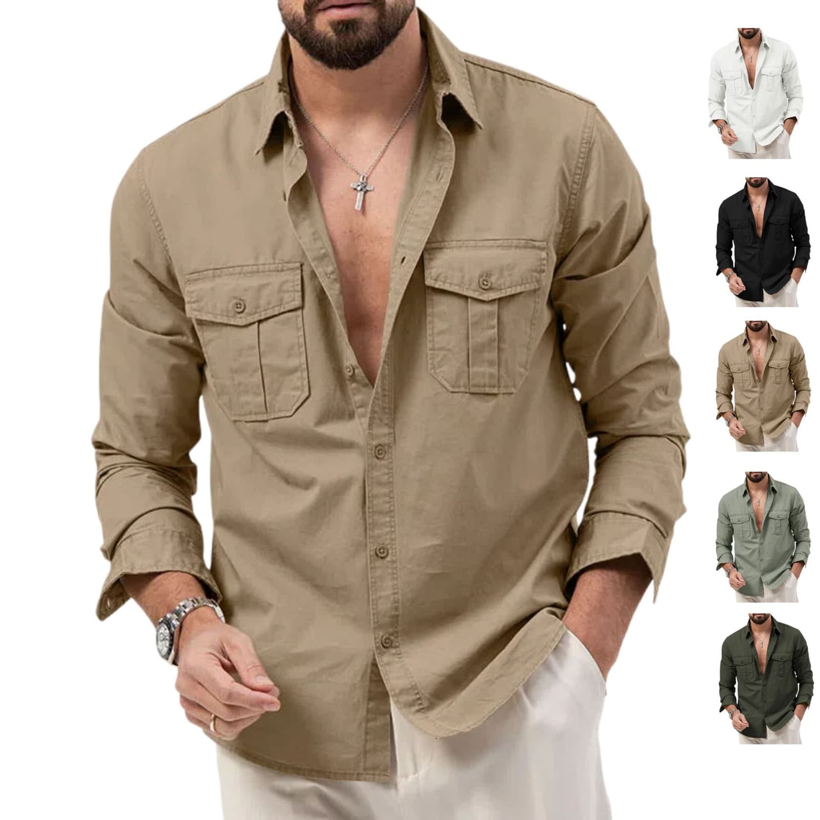 Camisa casual para hombre con bolsillos y mangas largas