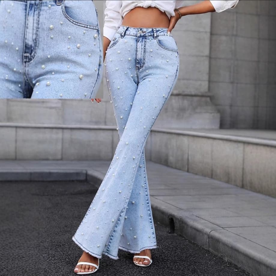 Pantalones de mezclilla elásticos con acabado perlado