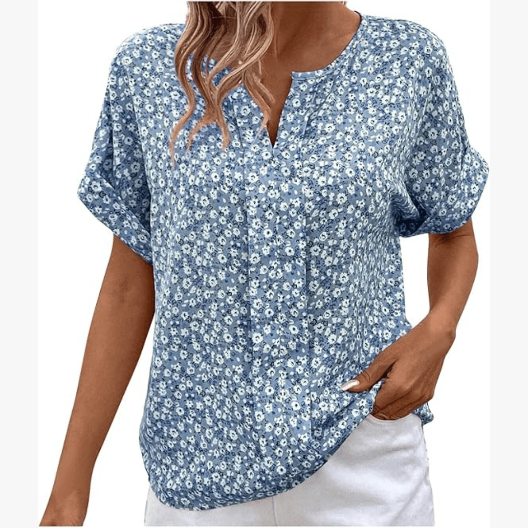 Camisa holgada de cuello V y manga corta estampada