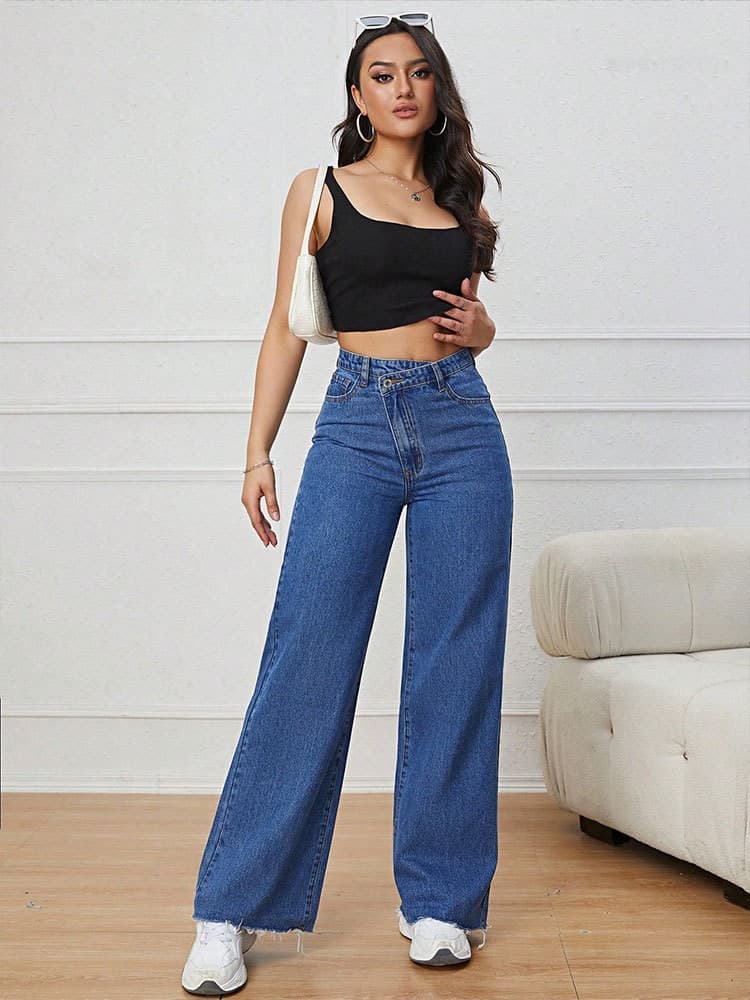 Pantalón jean con efecto desgaste tiro ancho casual