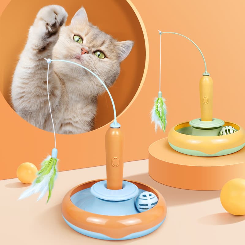 Juguete giro interactivo para gatos con plumas