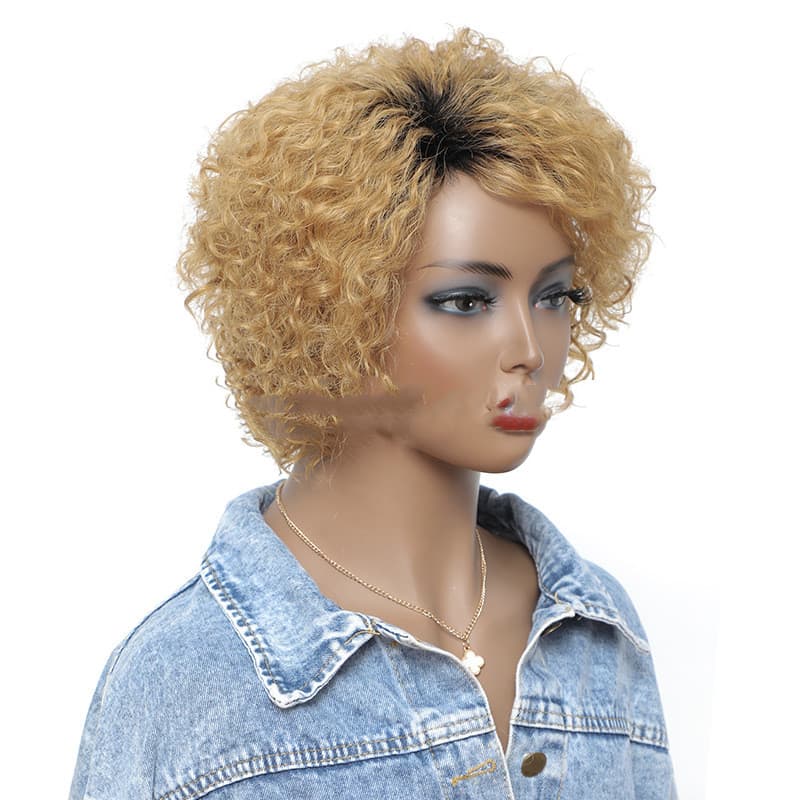 Peluca corta rizada de cabello real con volumen fluido