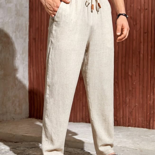 Pantalones casuales de algodón y lino con cordón ajustable