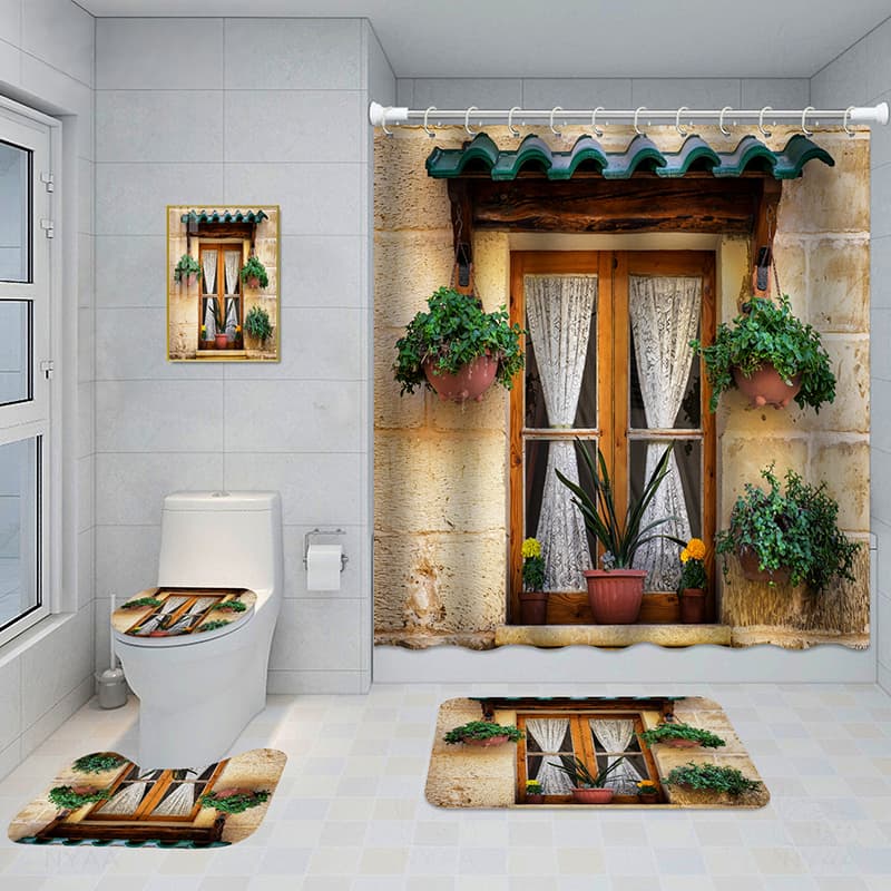 Juego de baño de cinco piezas con cortina y tapetes impermeables