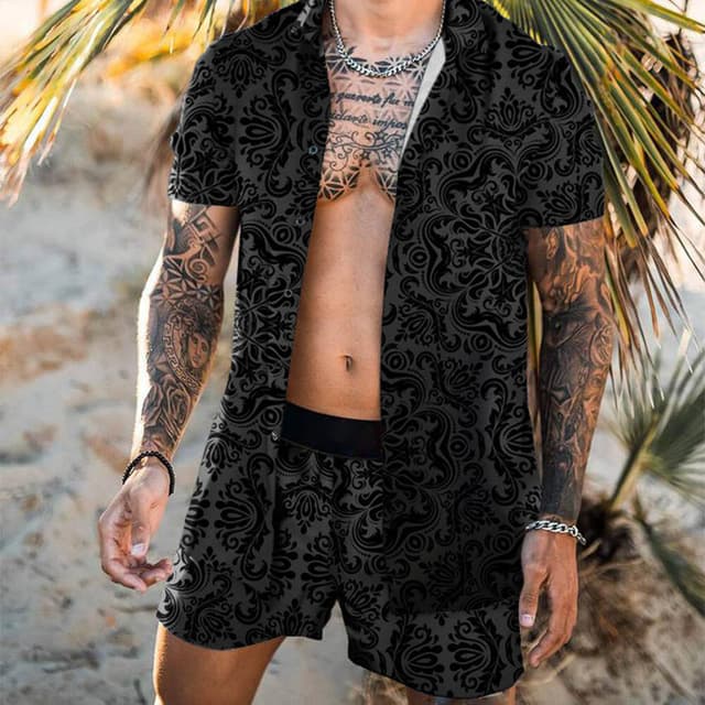 Conjunto de playa dos piezas hombre camisa floral y pantalones
