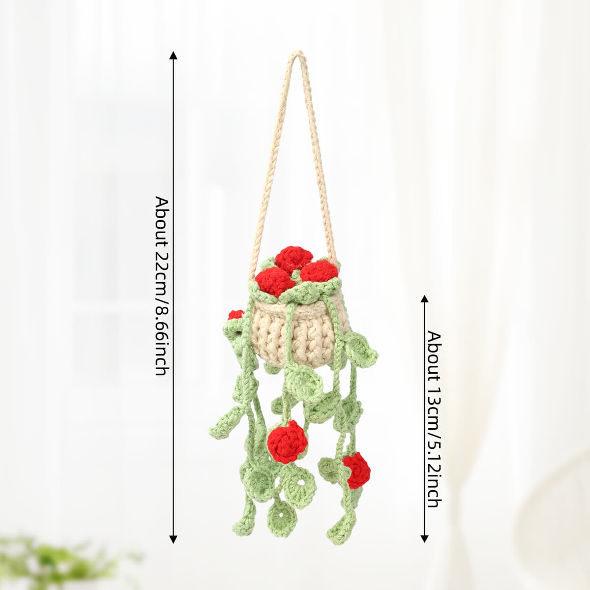 Adorno crochet colgante con rosas rojas y maceta