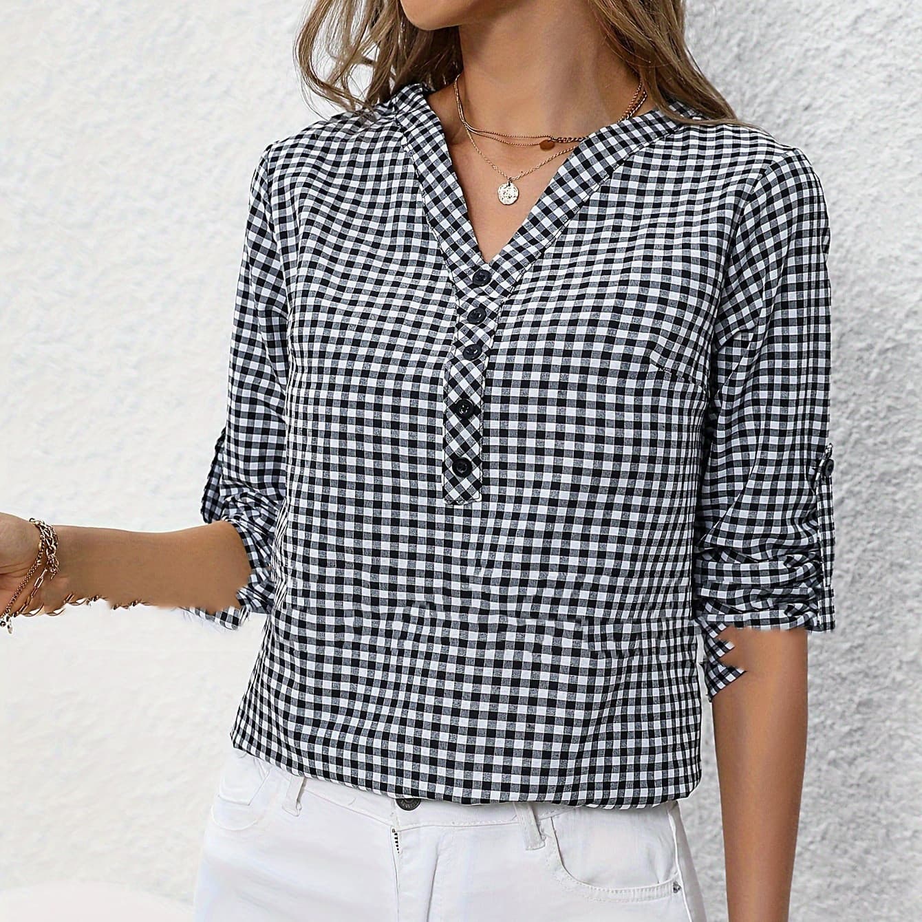 Camisa retro elegante con cuadros y rayas, manga tres cuartos