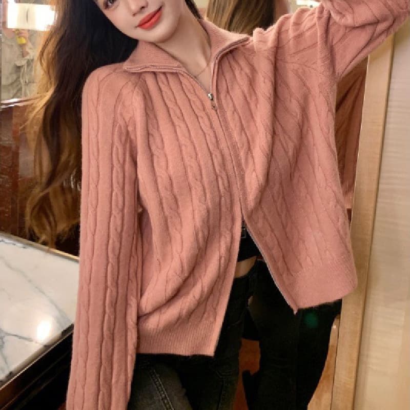 Cardigan trenza cremallera solapa, otoño invierno