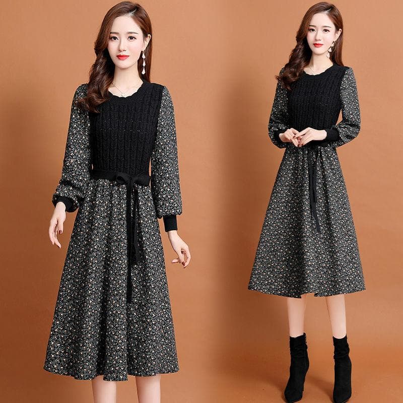 Vestido tejido patchwork floral retro manga larga