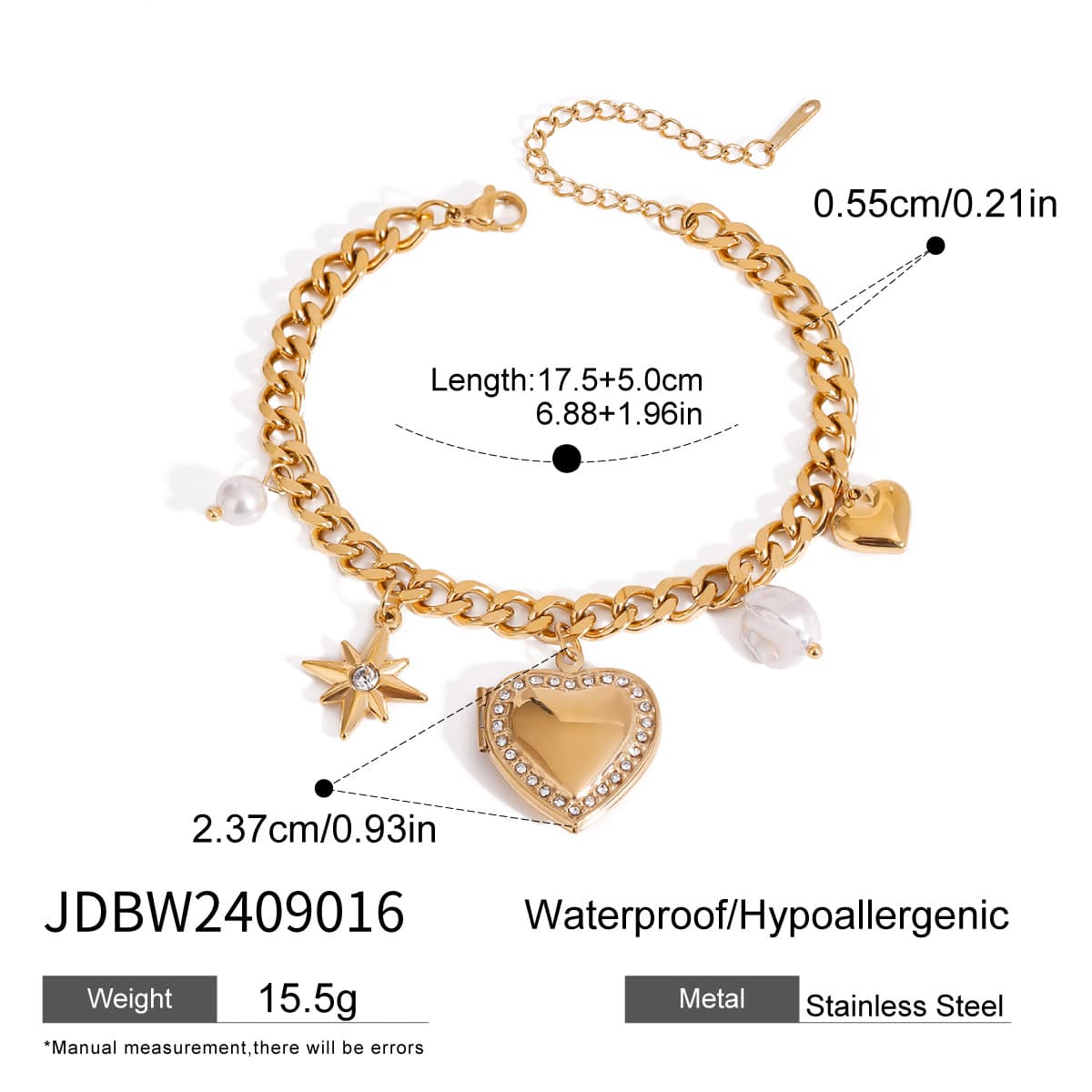 Pulsera de cadena de acero inoxidable con detalles de corazón