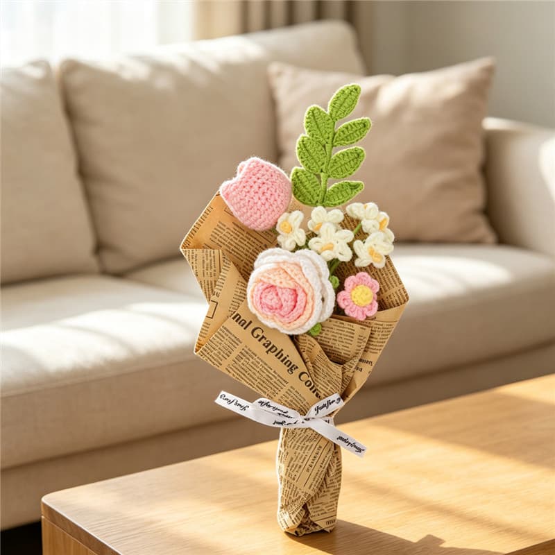 Ramo de flores de crochet hechas a mano con rosas y tulipanes