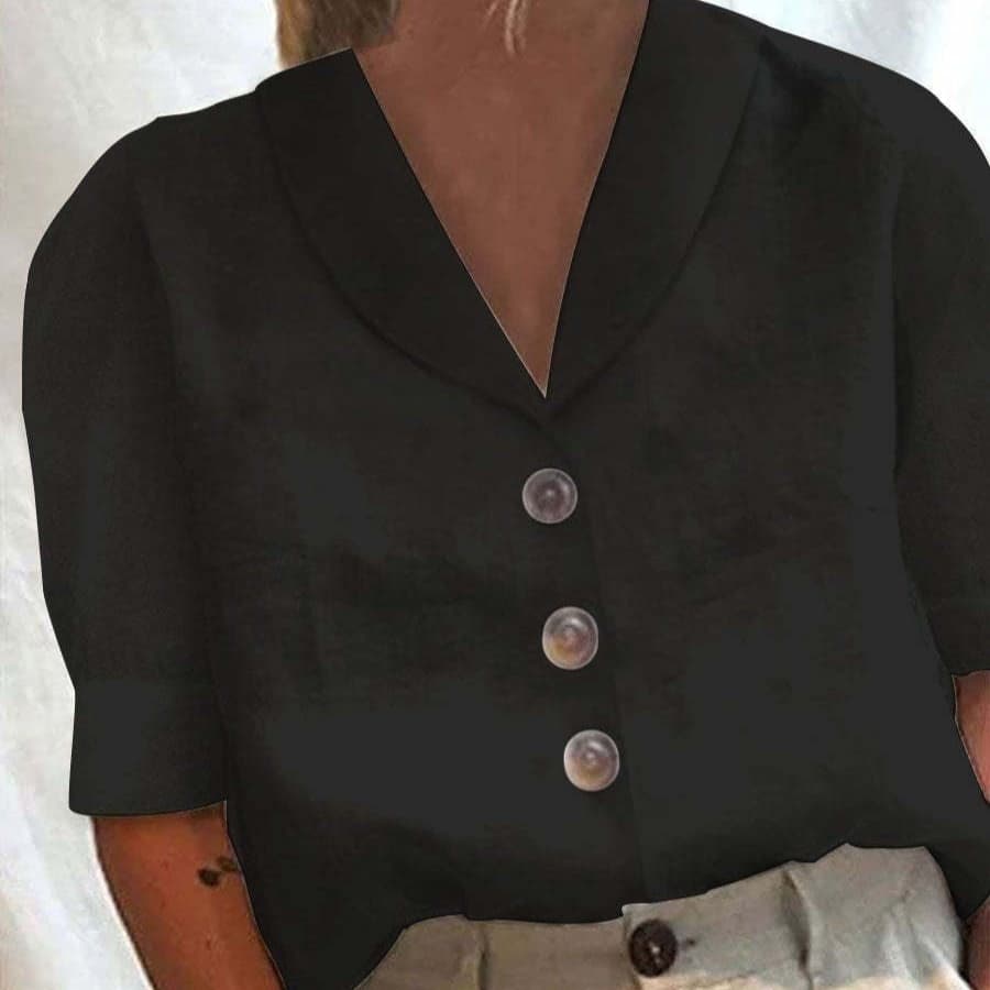 Blusa V-cuello de lino con efecto 3D, manga corta