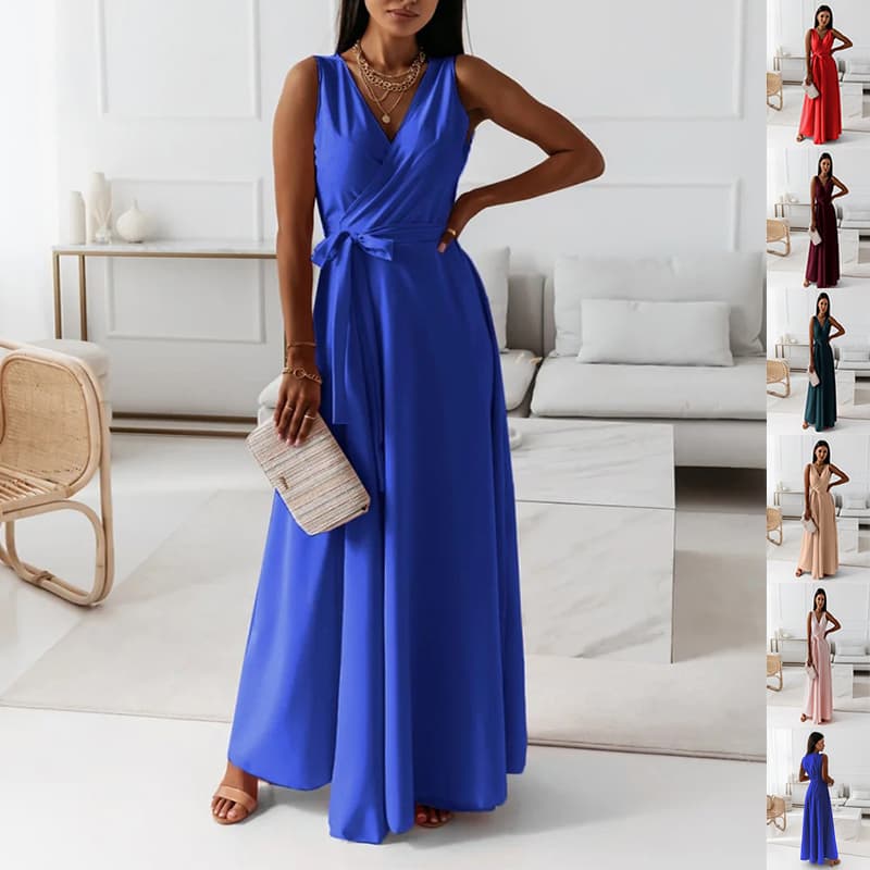 Vestido maxi escote V sin mangas con cinturón
