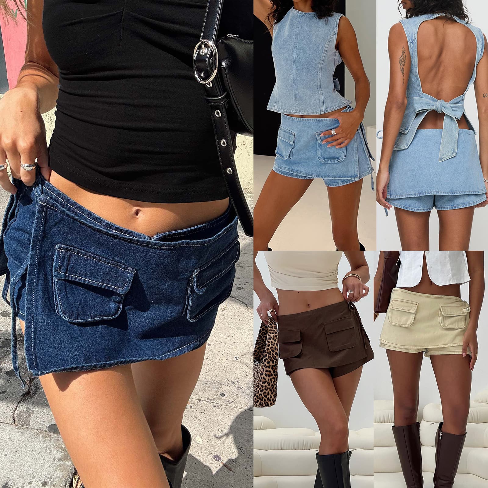 Pantalones cortos denim retro con bolsillos y cordones