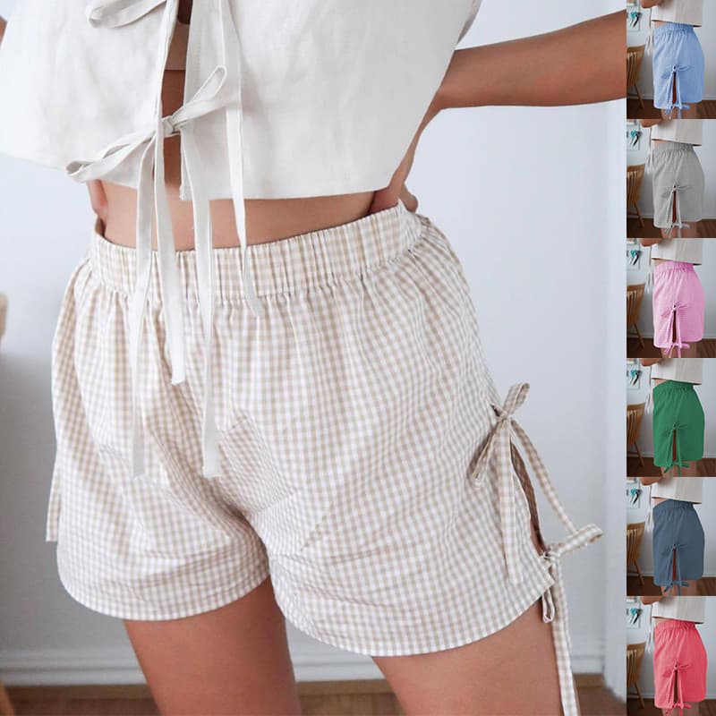 Shorts anchos a cuadros con cordones para mujer