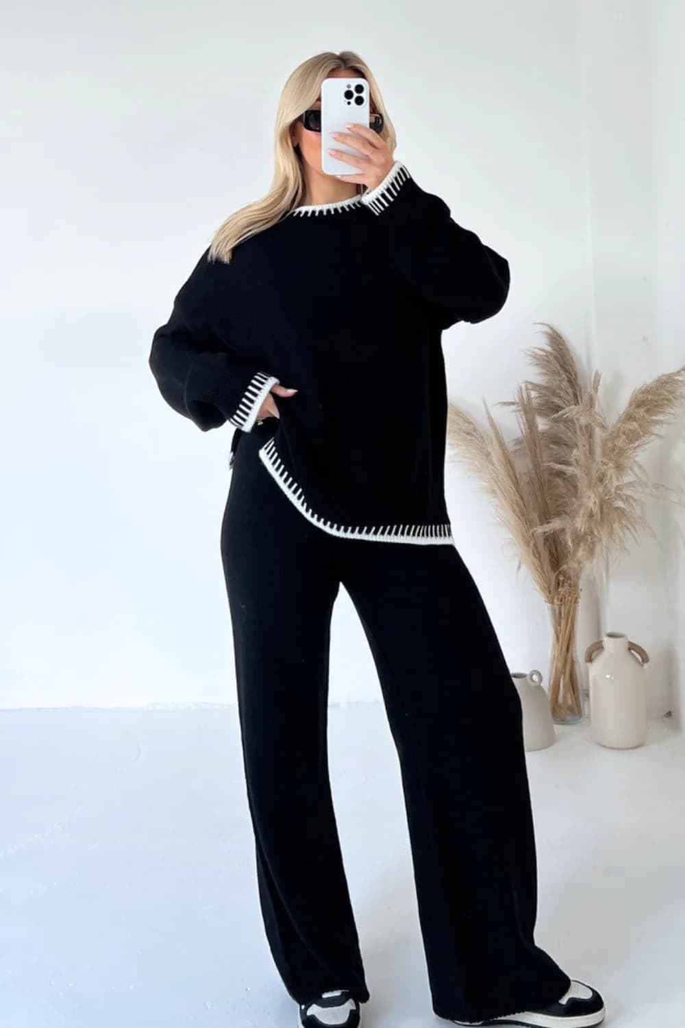 Conjunto de dos piezas: top pullover y pantalones rectos sólidos