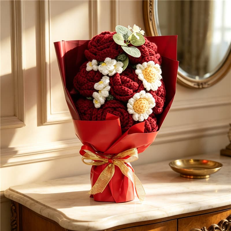 Ramo de flores tejidas a mano, rosas burdeos con margaritas de ganchillo