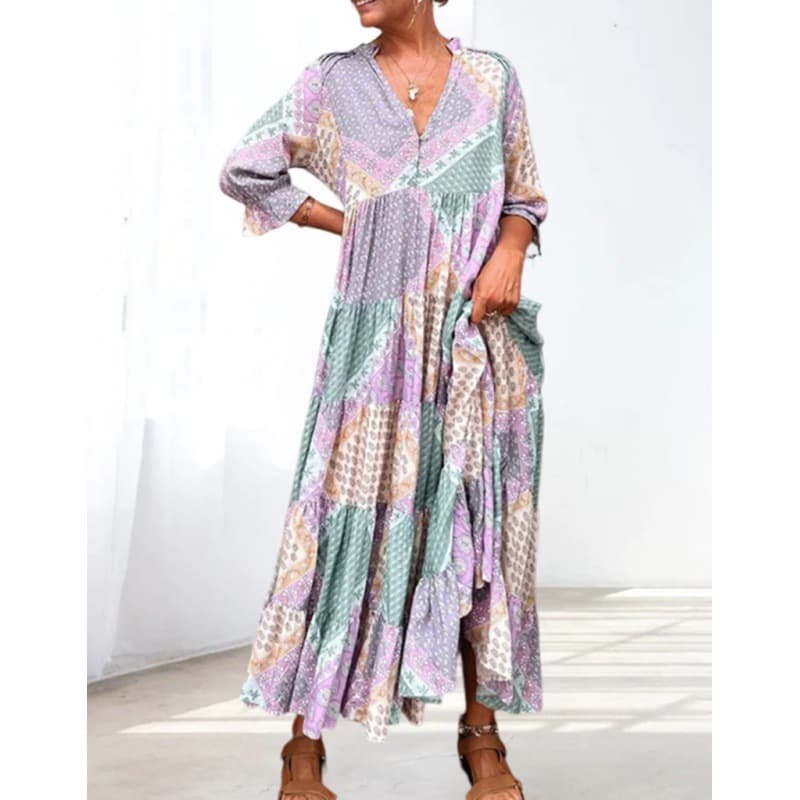 Vestido de mujer casual, cuello en V, bloques de color