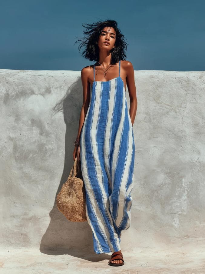 Traje de mujer de verano con tirantes, rayas y corte relajado