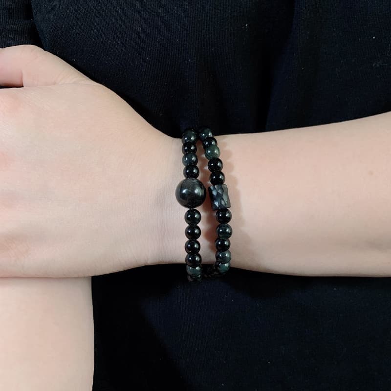 Pulsera elástica doble capa de piedra y plata retro