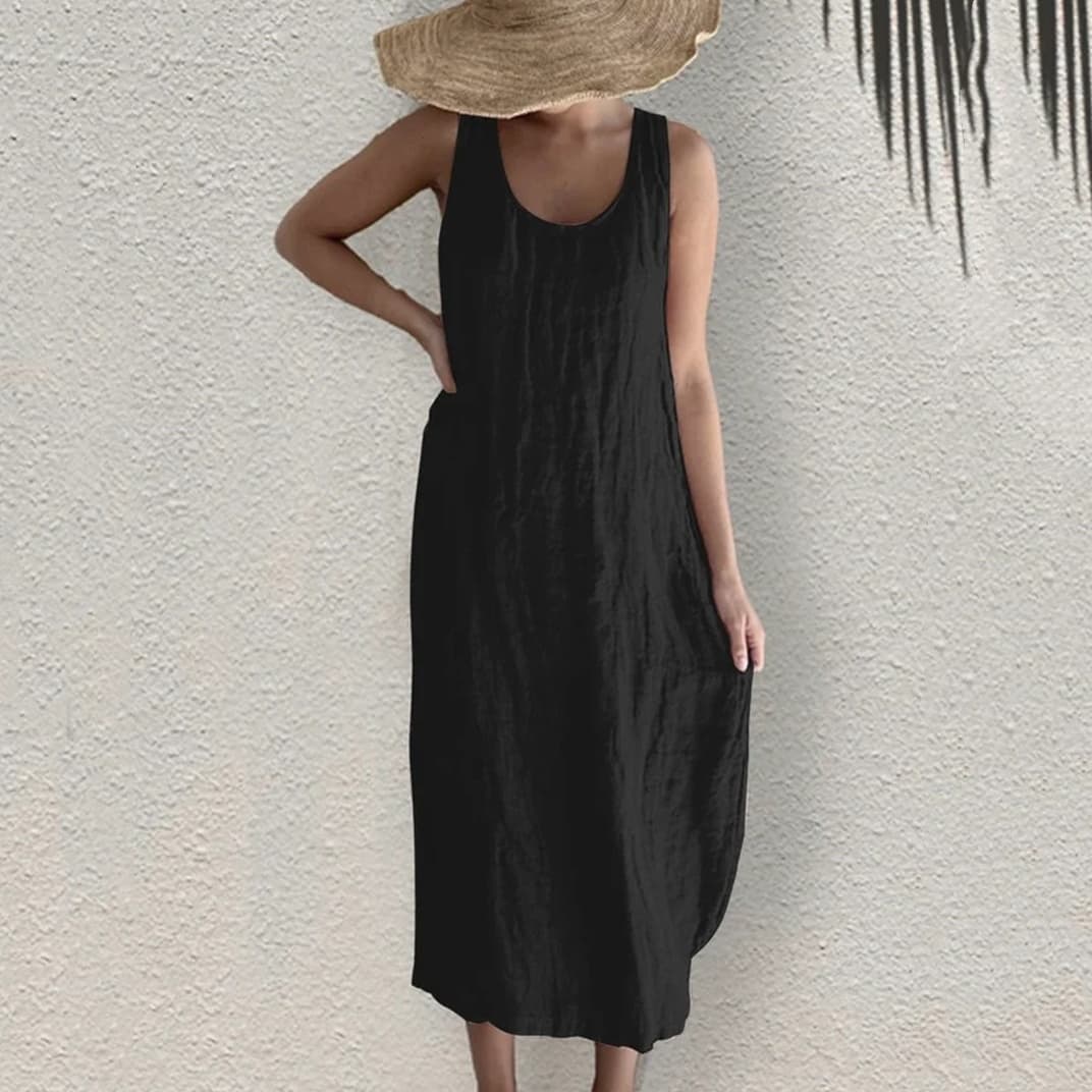 Vestido sin mangas de algodón y lino con cuello redondo