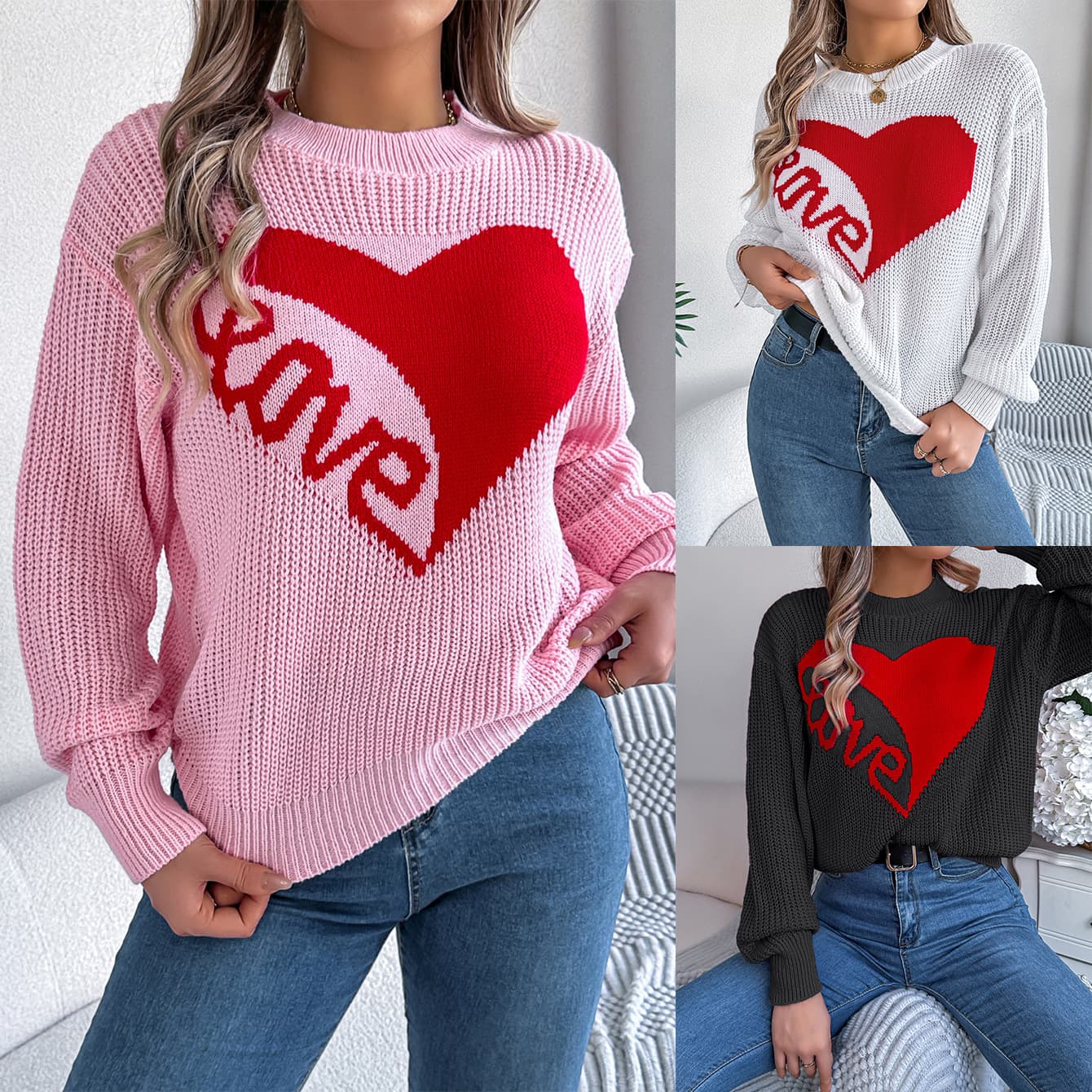 Suéter de punto con motivo de amor para mujer