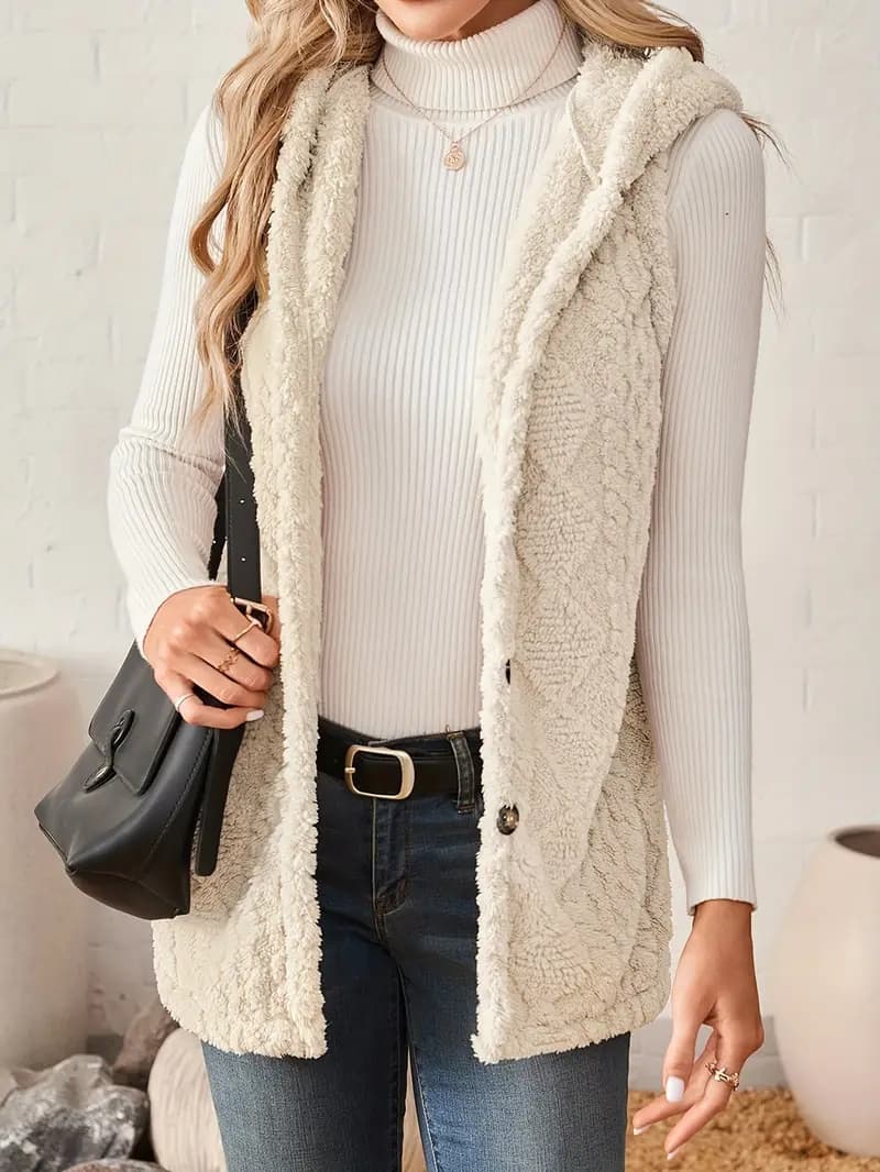 Abrigo tipo cardigan sin mangas con capucha elegante