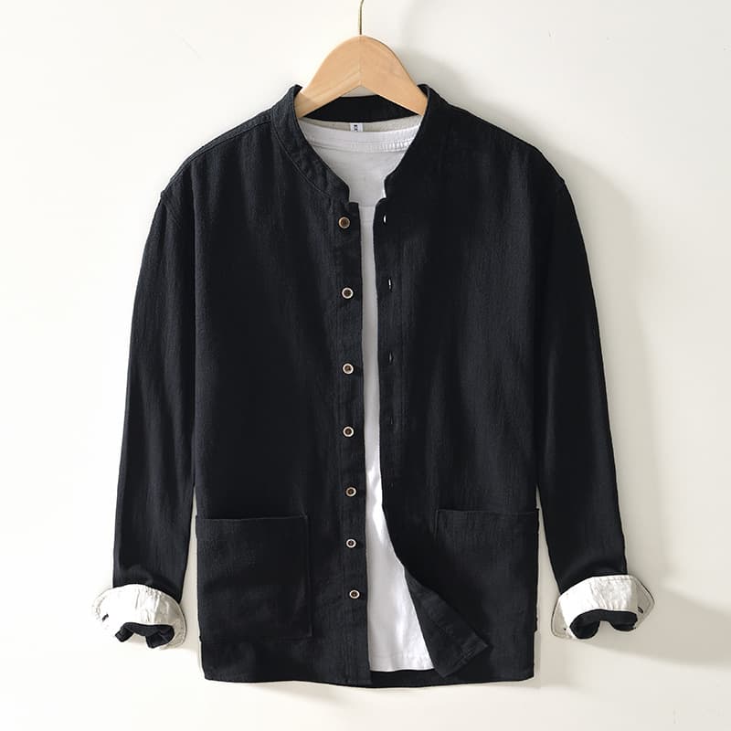 Camisa de lino con cuello de pie estilo chino y manga larga