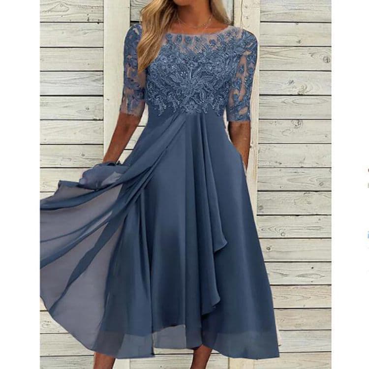 Vestido gasa con encaje hueco, cintura alta y corte asimétrico