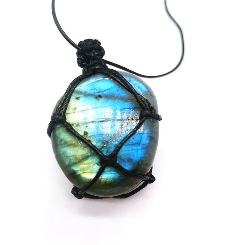 Collar piedra lunar labradorita bolsa tejida